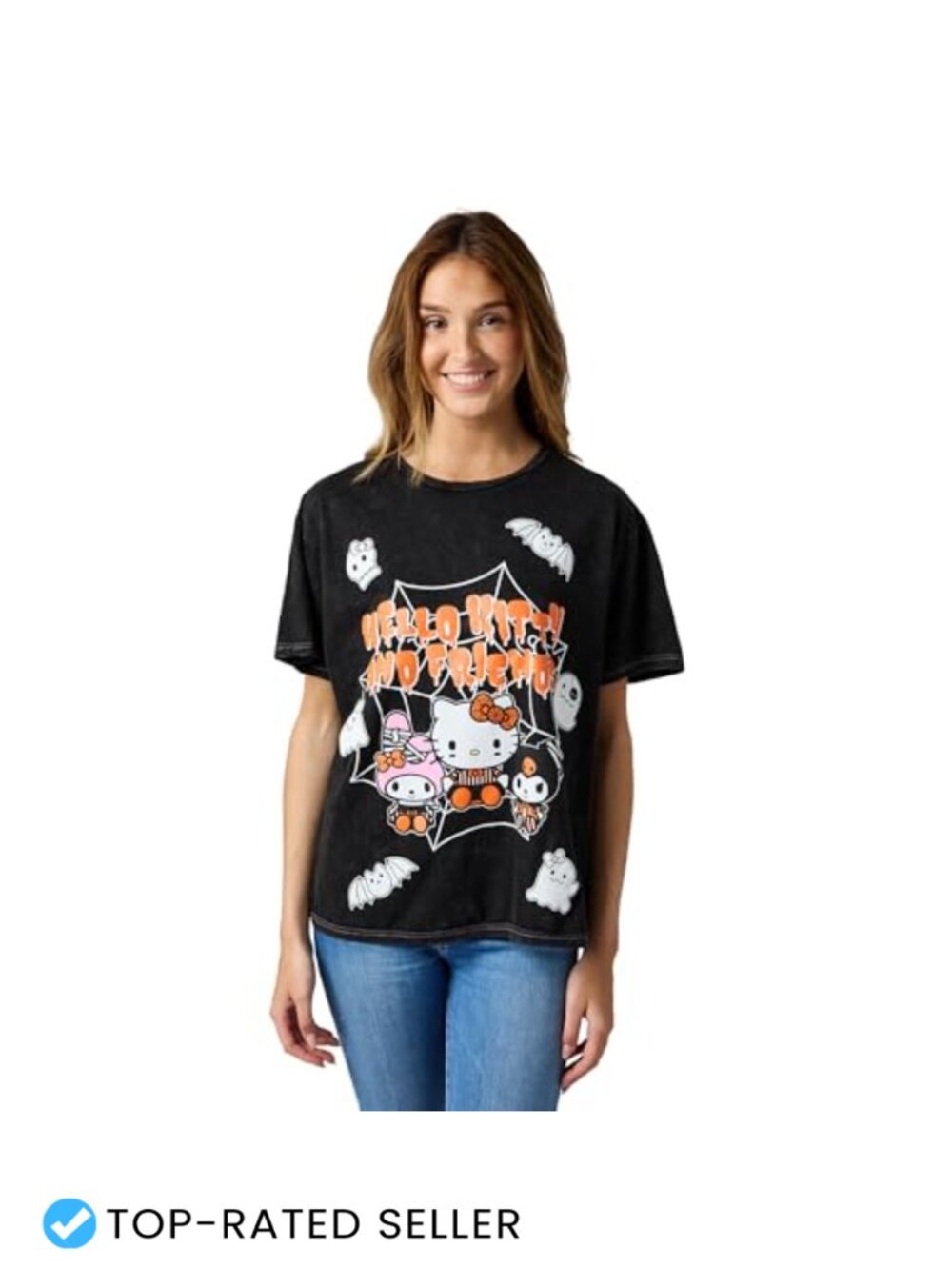 Hello Kitty Halloween Spiderweb Ghosts and Bats Women's Tee on Black Mineral